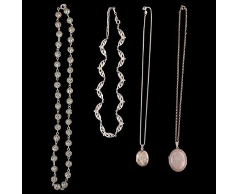 Two vintage white metal pendant double locket and chains together with two costume necklaces, one comprising filigree baubles