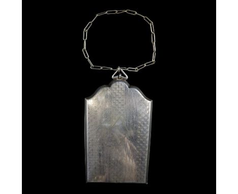 A silver minaudière of cusped-shouldered form bearing banded engine-turned decoration and opening to reveal a powder recess a