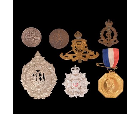 British Army cap badges, sports and coronation medals
