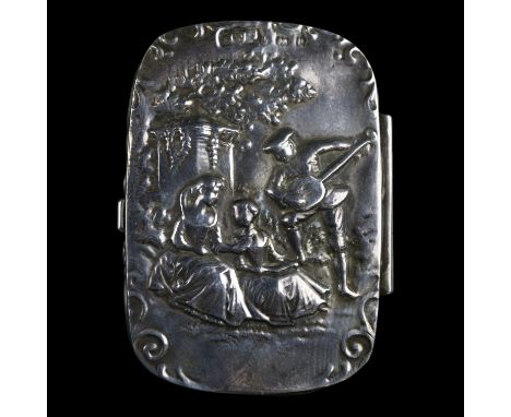 An Edwardian silver snuff box, of oblong cushion form, its hinged lid decorated in depiction of a beau serenading a young lad