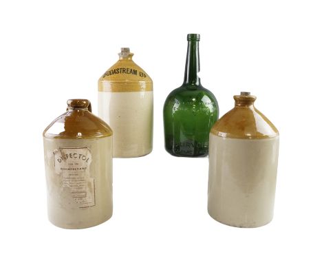 Three large stoneware flagons including a "Sodastream Ltd" example, together with a large mould-blown green glass Courvoisier