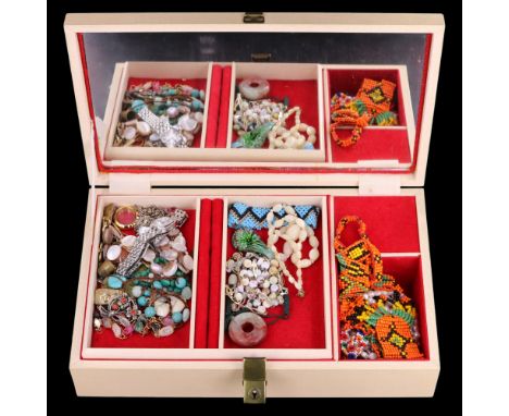 A vintage jewellery box and contents including a single strand freshwater pearl opera length necklace, southern African beadw