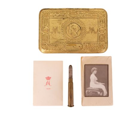 A 1914 Princess Mary gift tin together with a bullet pencil, portrait photograph and Christmas / New Year card 
