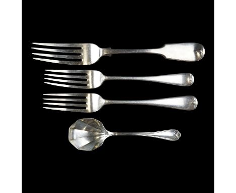 Sundry Victorian and later silver flatware comprising two Hanoverian Pattern dessert forks, a similar table fork and an Art D