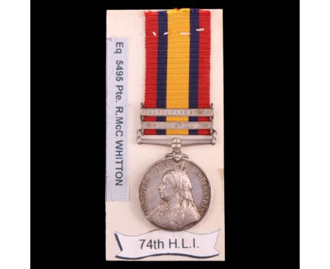 A Queen's South Africa medal with 2 clasps to 5495 Pte R McC Whitton, 1st Highland Light Infantry