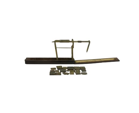 A set of early 19th Century mahogany-cased brass pocket folding sovereign / coin scales, 13.5 cm, together with brass weights