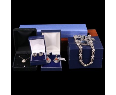 A group of vintage marcasite-set white metal jewellery comprising two demi-parures, a pair of carnelian-set ear pendants, a p