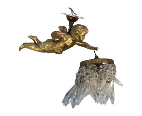 A vintage gilt metal and cut glass pendant light in the form of a cherub, cherub 21 cm