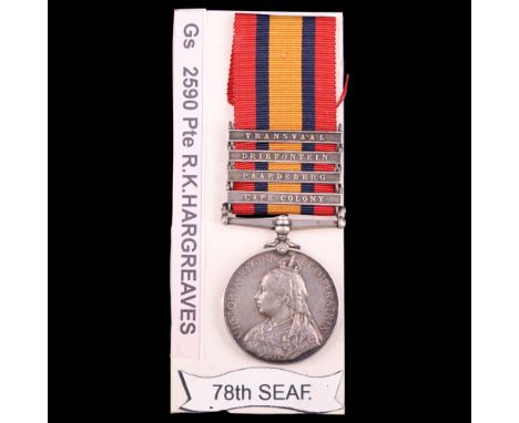 A Queen's South Africa medal with 4 clasps to 2590 Pte R K Hargreaves, 2nd Seaforth Highlanders 