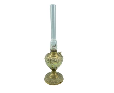 A late 19th Century American "The Miller Lamp" oil lamp by The Edward Miller Co of Connecticut, embossed brass, patented 1892