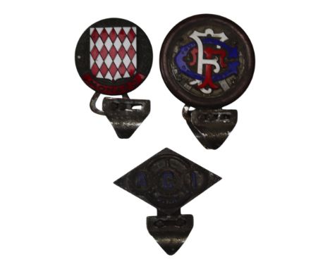 Three vintage enamelled car bumper badges including Touring Club of France, Automobile Club of Italy and Automobile Club of M