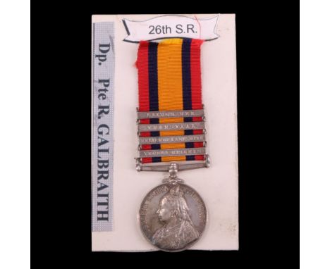 A Queen's South Africa medal with 4 clasps to 2506 Pte R Galbraith, Scottish Rifles