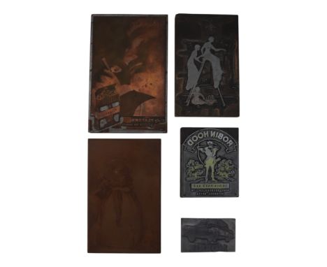 Five various vintage printing blocks, one depicting a Belle Epoque scene of Christmas decorating, others advertising Morris c