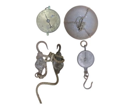 A vintage Salter 20lb spring balance together with a No 20 balance scale and a block-and-tackle pulley 