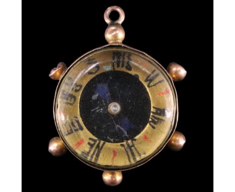 A Victorian 9 ct yellow metal magnetic compass watch chain breloque, 24 x 20 mm, 3.3 g 