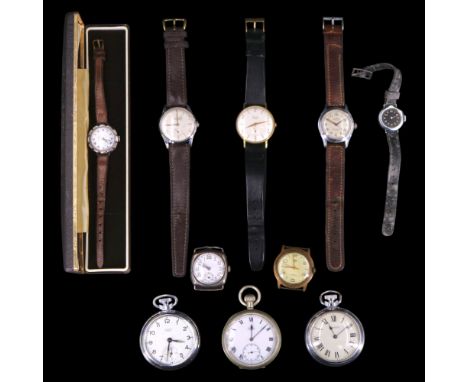 A group of vintage pocket and wrist watches including a 1920s Swiss wristwatch having a tonneau-shaped case and a 1960s Everi