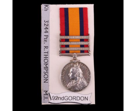 A Queen's South Africa medal with 3 clasps to 3244 Pte R Thompson, Gordon Highlanders Mounted Infantry