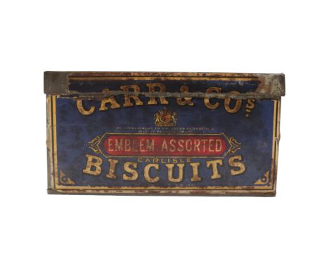 A vintage Carr &amp; Co of Carlisle "Emblem Assorted" biscuits tin, bearing printed paper labels, 23 cm x 22 cm x 12 cm