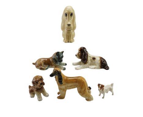 A group of six ceramic dog figurines, including a Beswick Hajubah of Davlin and Jack Russell, Sylvac and Campsie Ware dogs