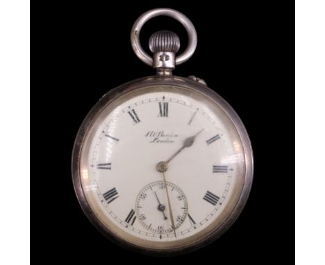 A 1916 silver pocket watch by J W Benson, having a "The Bank" crown-wound and pin-set movement, white enamel face with Roman 