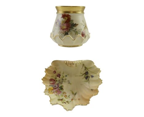 An 1894 Royal Worcester floral-enamelled blush ivory vase together with a similar 1902 shell-shaped dish, former height 8.5 c