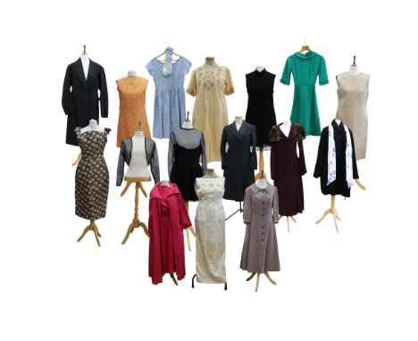 A large group of 1930s, 1940s, 1950s and 1960s costume including a 1930s black evening dress, a velvet patterned shrug jacket