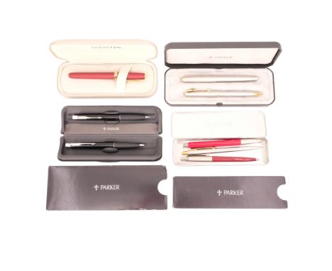 Two Parker pen/pencil cased sets together with a Parker IQ premium brown fountain pen, further Parker ballpoint pens, a Parke