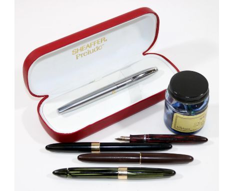 Sheaffer USA Slg.: Bestehend aus 6 Füller u. Tintenfaß. Sheaffer Prelude im Etui, 2 x Sheaffers Snorkel, sowie weitere. Mecha