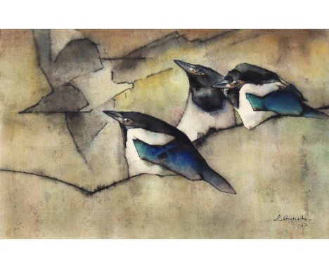 Aichele, Erwin: (1887 Höhefeld/Baden - Pforzheim-Eutingen 1974). Drei Elstern. Aquarell 1957. Ca. 27 x 42 cm. Unt. re. sign. 