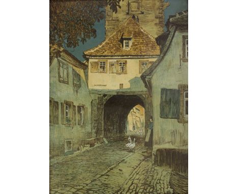 Beckert, Fritz: (1866-1962). Dorfleben mit durch das Stadttor laufenden Gänsen. Farblithographie nach einem Original des Küns