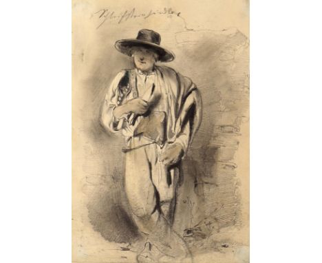 Berufe.: Der Schleifsteinhändler. Bleistiftzeichnung, leicht aquarelliert. 19. Jhdt. 19 x 13,3 cm. Unter Passep.   R