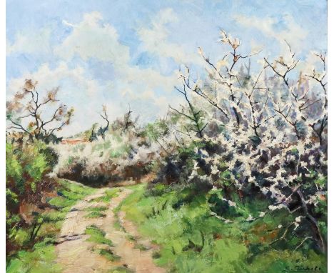 Aichele, Erwin: (1887 Höhefeld/Baden - Pforzheim-Eutingen 1974). Sommerliche Landschaft mit Feldweg. Öl auf Hartfaser 1947. C