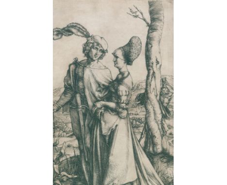 Dürer, Albrecht: (1471 Nürnberg 1528). Das Liebespaar und der Tod (Der Spaziergang). Kupferstich auf feinem Bütten um 1498. B