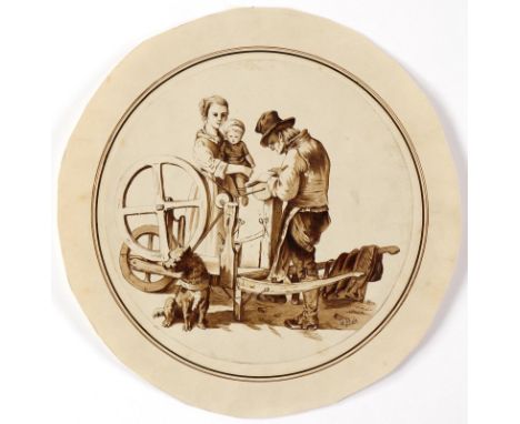 Berufe.: Der Scherenschleifer. Lavierte Tuschezeichnung. 1863. Durchmesser: Ca. 14 cm. Dat. u. Monogr. Auf Papier aufkaschier