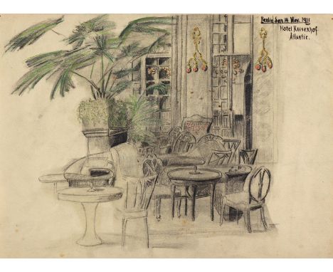Berlin.: Hotel Kaiserhof Atlantik. Bleistift mit Buntstiftzeichnung von Elisabeth Zierhold. 1911. 23 x 31 cm. Dat. u betitelt