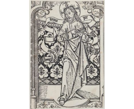 Christusdarstellung: umfangen von einem Spruchband: Speciosus forma prae filiis hominum (Psalm 44 Vers 3). Holzschnitt. 16,7 