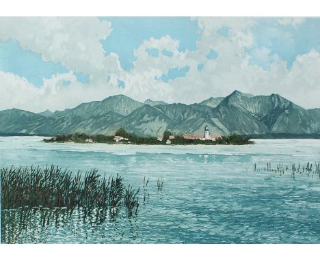Chiemsee.: "Chiemsee, Frauen-Insel". Farb. Aquatintaradierung v. Hans Frey, 2.H. 20. Jh. 20 x 29, Blgr. 38 x 49 cm.  Sign., b