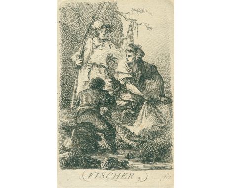 Fischer.: Zwei Fischer mit Netz u. Reuse u. ein Angler mit Angelrute. Anonyme Radierung auf festem Papier, 19. Jh. Plgr. 14 x