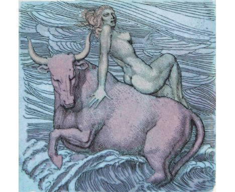 Fuchs, Ernst: (1930 Wien 2015). Europa auf dem Stier. Farbradierung auf Velin. Plgr. 10 x 10 cm. Blgr. 42 x 29,5 cm. In Bleis