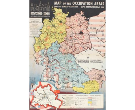 Besatzungszonen.: Atlanta Karte Besatzungszonen mit neuen Postleitgebieten. Map of the Occupation Areas. Farb. lithographiert
