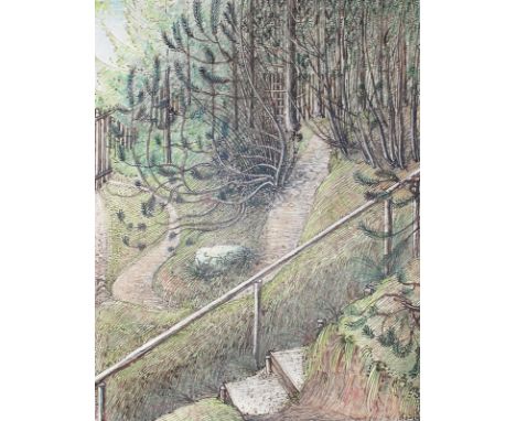 Rossbach: in Niederbayern. Tuschezeichnung mit Buntstift v. Eugen Heinfling. 1923. 13 x 19,5 cm. Betitelt, sign. u dat. Unter