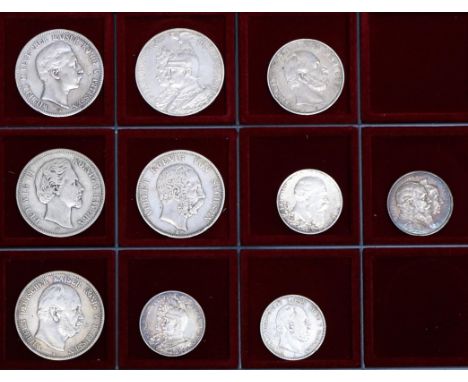 10 Silbermünzen: Kaiserreich. Dabei: Preussen: 5 Mark 1876 A Wilhelm I, 1901 A Wilhelm II, 1901 A 200 Jahre Königreich Preuss