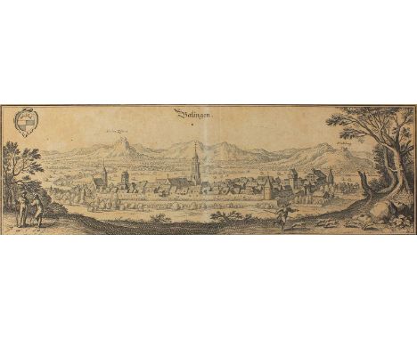 Balingen.: Gesamtansicht mit figürl. Staffage. Kupferstich v. M. Merian, 9,9 x 31,7 cm. Unter Glas gerahmt (nicht ausgerahmt)