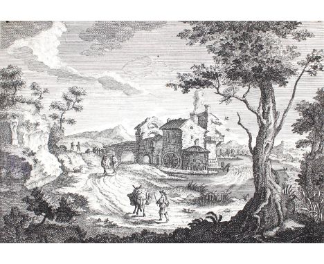 Balzer, Johann: (1738 Kukus/Böhmen - Prag 1799). Wanderer und Mann mit Vieh in der Landschaft bei einem Hof. Radierung. Aus e