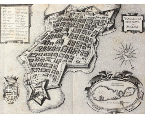 Valetta.: Valetta Citta Nova di Malta. Ansicht aus der Vogelschau m. Teilkarte in Kartusche, Wappen u. topogr. Legende. Kupfe