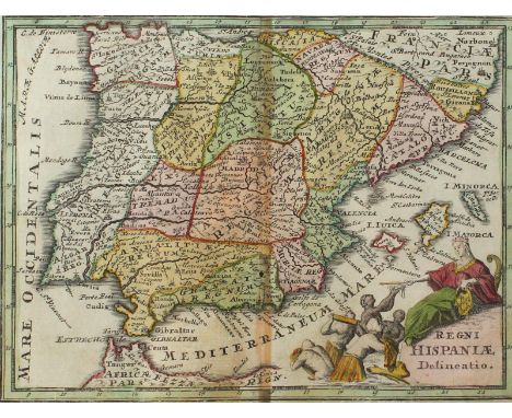 Spanien.: Regni Hispaniae delineatio. Altkolorierte Kupferstichkarte aus "Atlas portatilis" bei Christoph Weigel in Nürnberg,