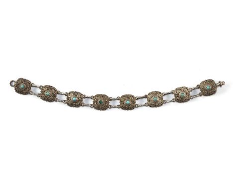 Armband 925 Sterling Silber: besetzt mit kl. Türkiscabochons. Ges. Original Fahrner TF im Kreis u. 925. Ca. um 1935. L: 18 cm