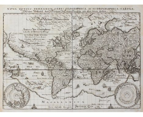 Weltkarte.&nbsp;: "Nova totius terrarum orbis geographica ac hydrographica tabula. Wahre Biltnüß des Gantzen Erden Krayses mi