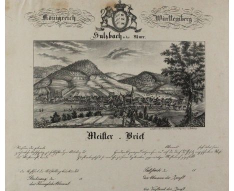 Sulzbach.: Meisterbrief der Stadt Sulzbach a.d. Murr, unausgefüllt. Mit lithographischer ╔Panorama-Ansicht╗ von F. Angerbauer