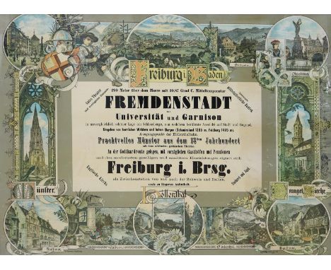 Freiburg i.Breisgau.: Freiburg i. Baden. Typogr. "200 Meter über dem Meere mit 10.87 Grad Mitteltemperatur Fremdenstadt mit U